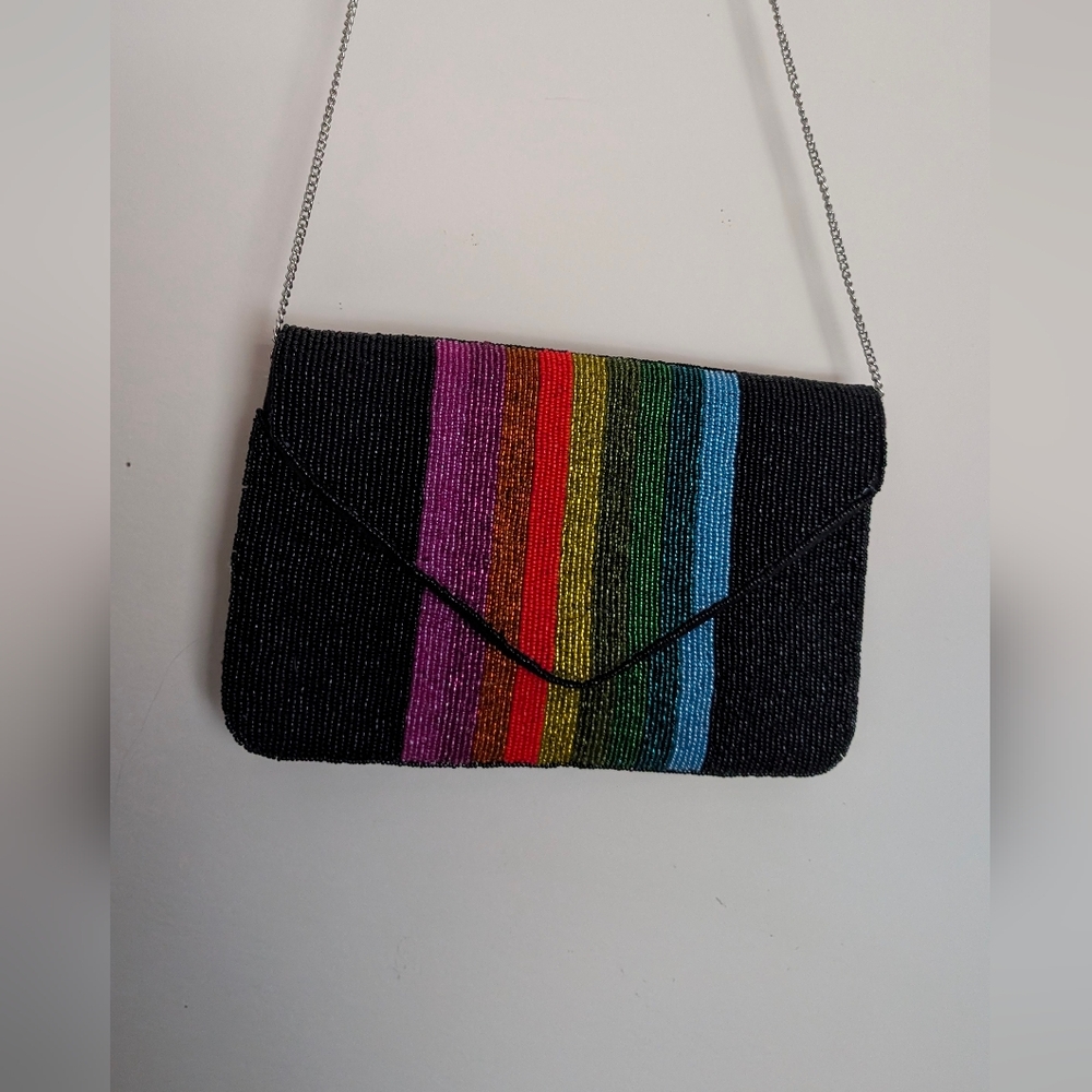 Rainbow Stripe Clutch With Cross Body Chain